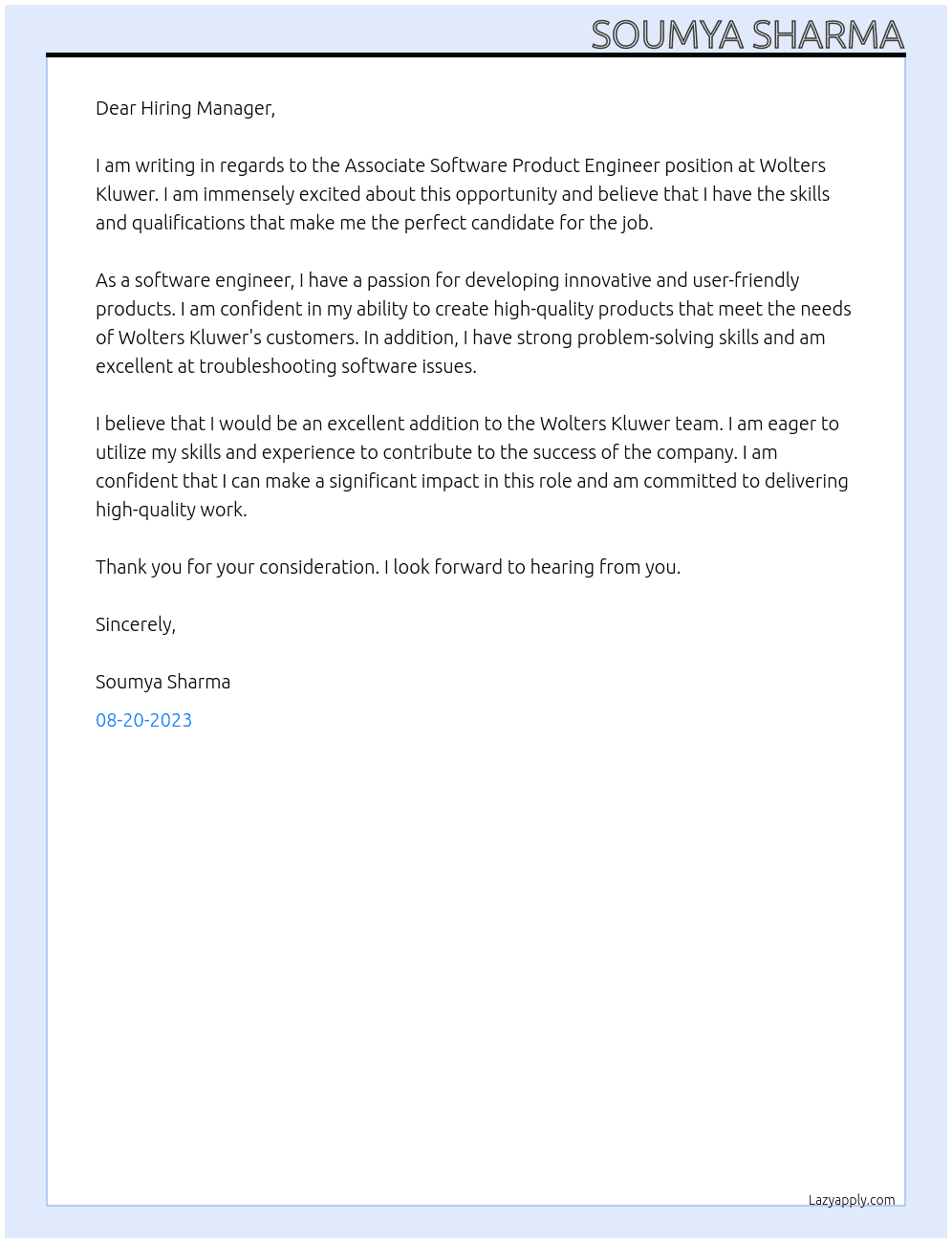 Associate Software Product Engineer At Wolters Kluwer Cover Letter