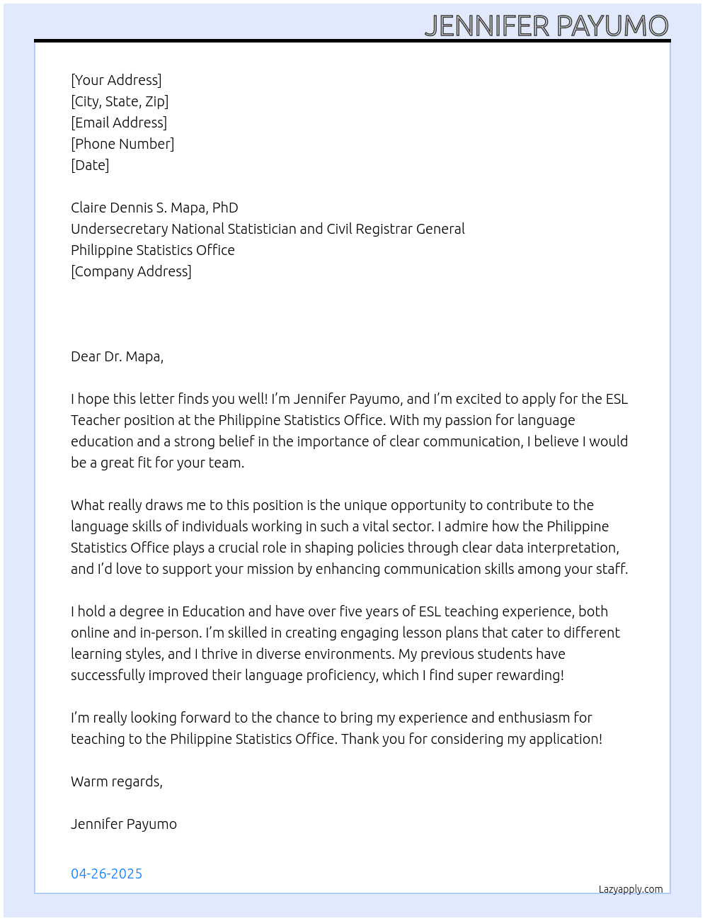 esl teaxher At Philippine statistics office Cover Letter