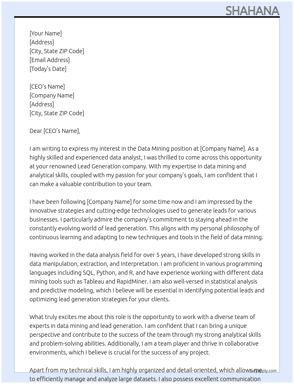Data mining  At Lead generation Cover Letter