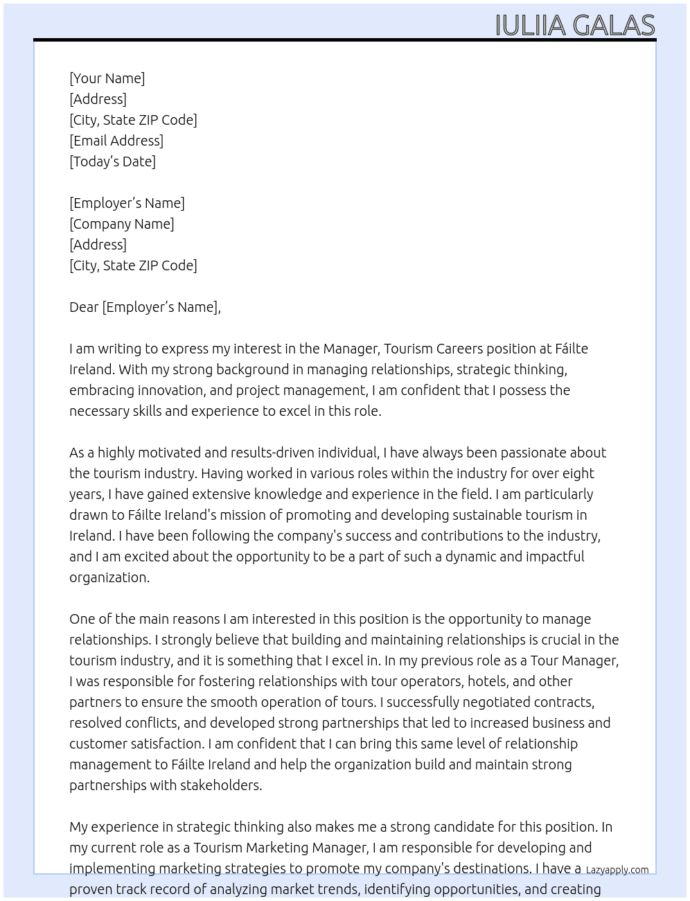 Manager, Tourism Careers At Fáilte Ireland Cover Letter