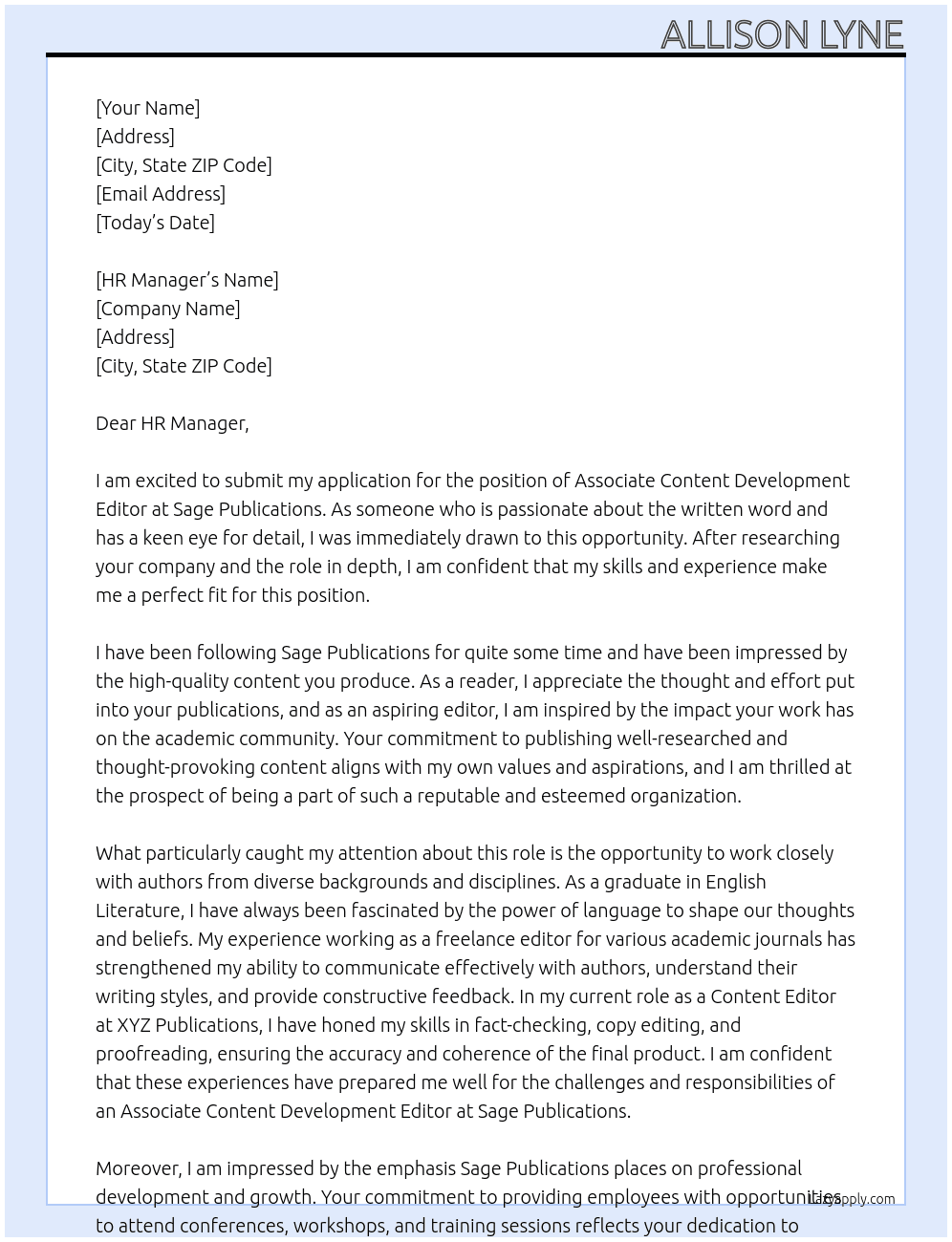 Associate Content Development Editor At Sage Publications Cover Letter