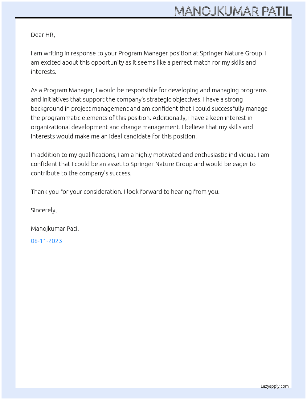 Program Manager At Springer Nature Group Cover Letter