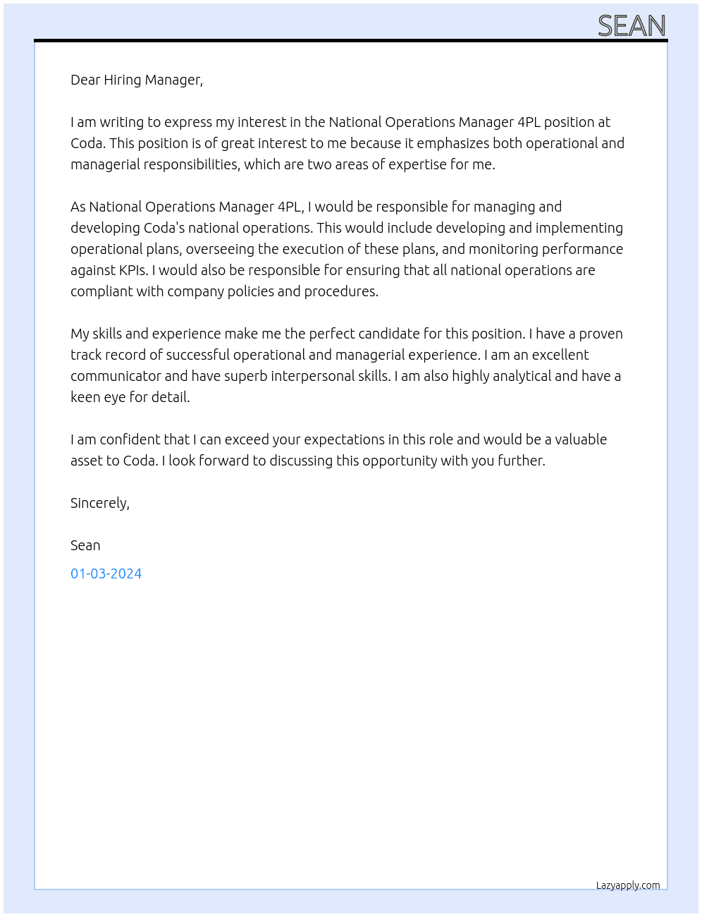 National Operations Manager 4PL At Coda Cover Letter