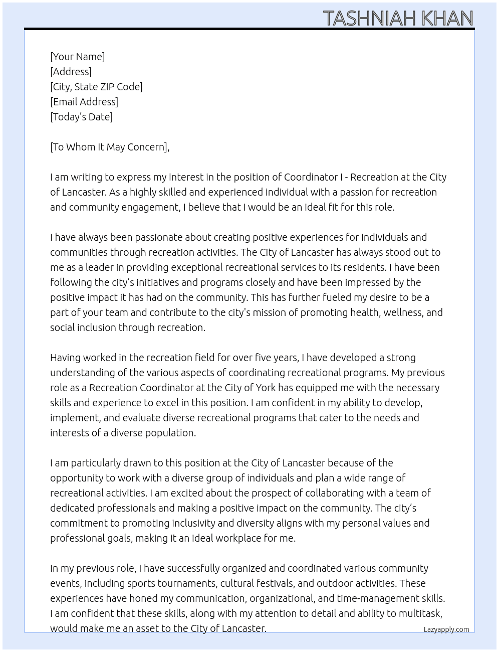 Cover letter for coordinator i - recreation - LazyApply
