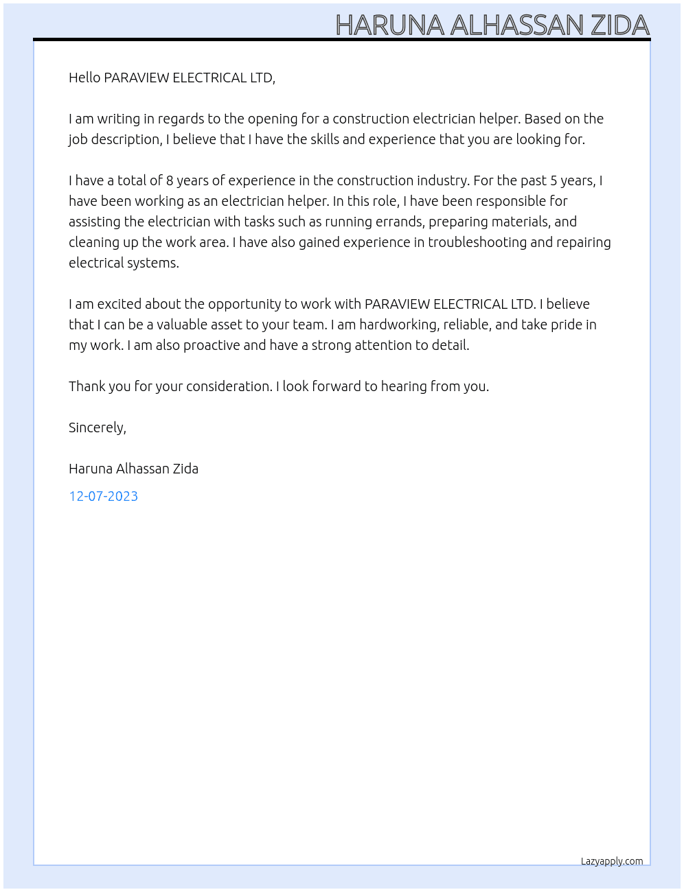 Construction electrician helper At Job Bank #2688046 Cover Letter
