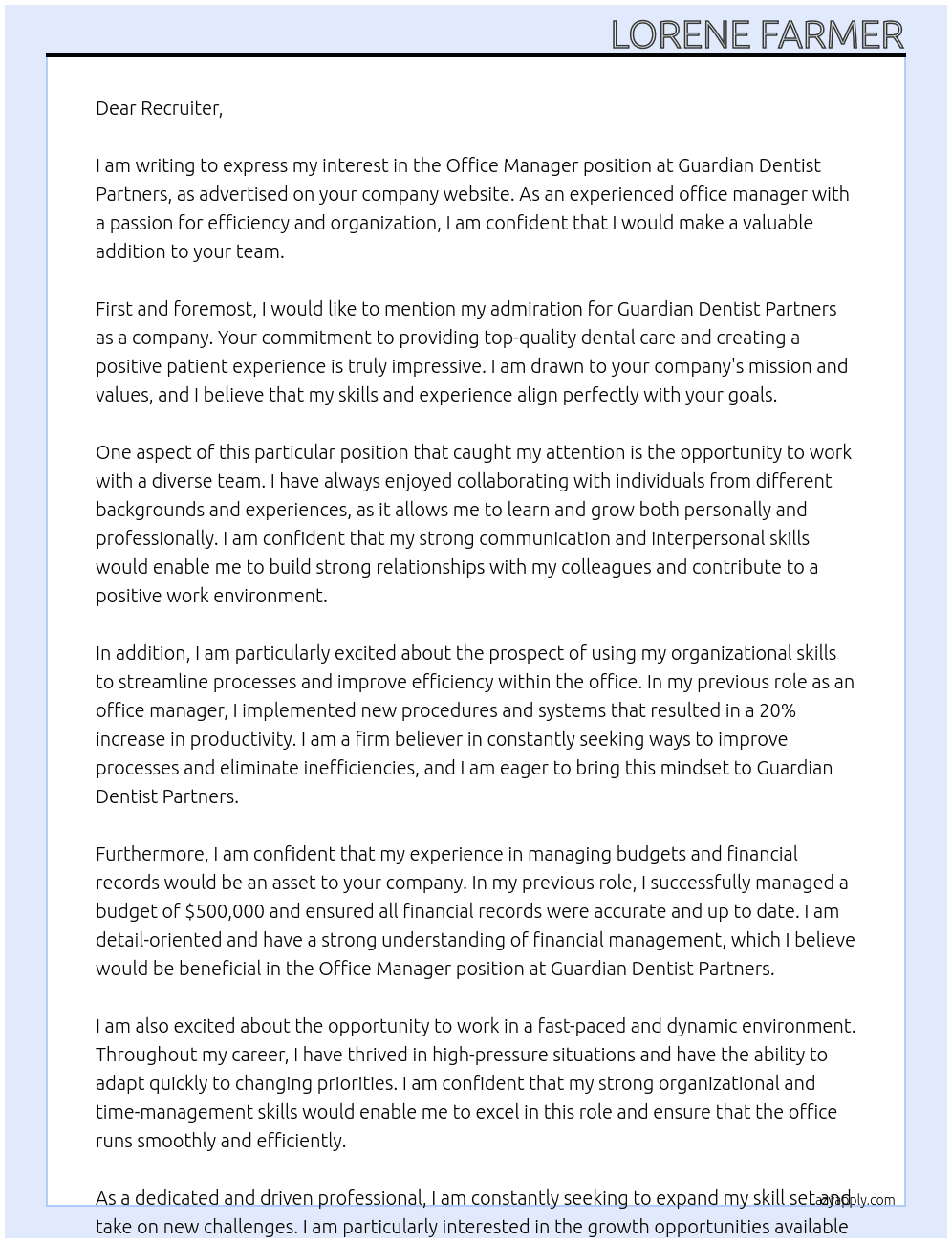 Office Manager At Guardian Dentist Partners Cover Letter