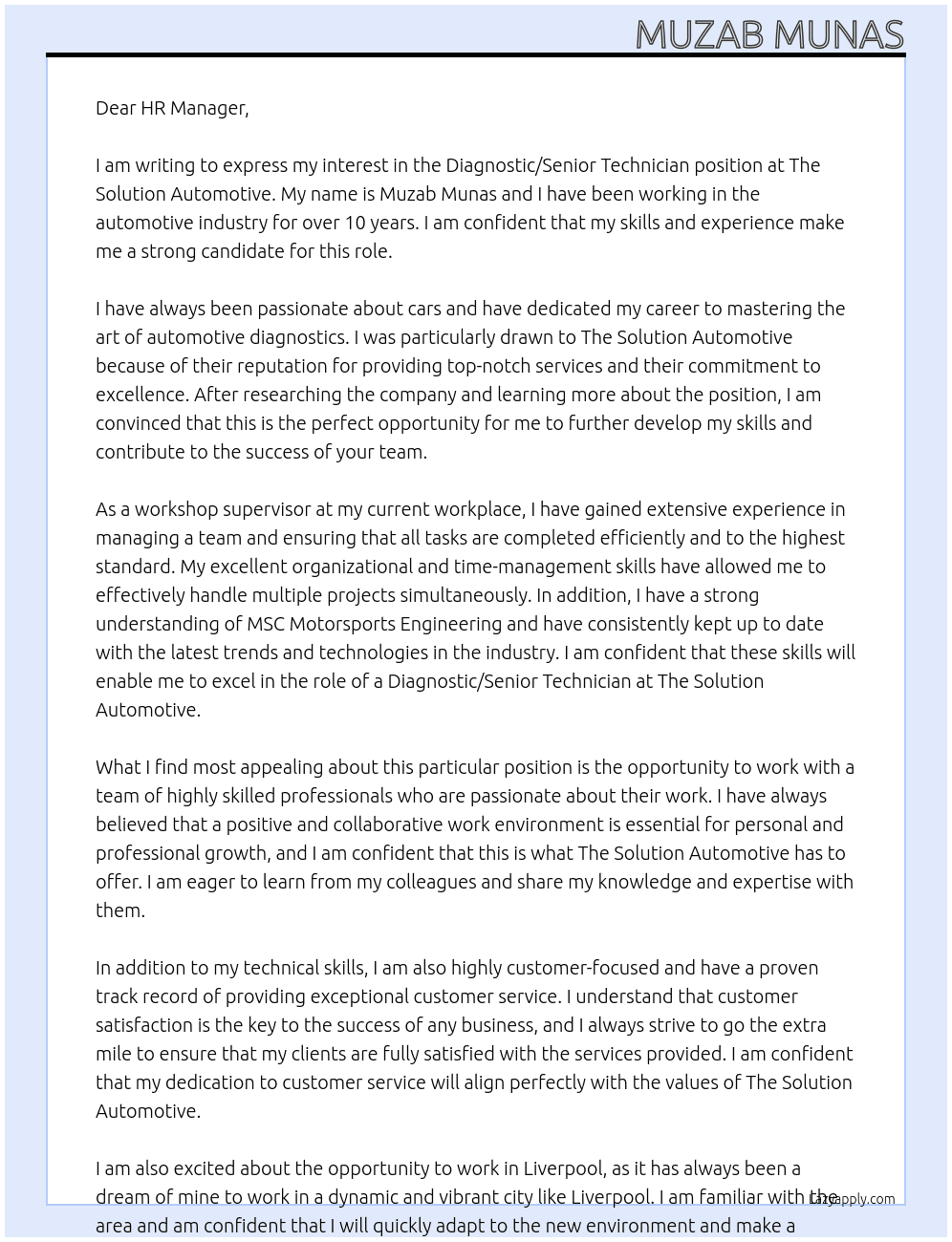 DIAGNOSTIC / SENIOR TECHNICIAN At The Solution Automotive Cover Letter