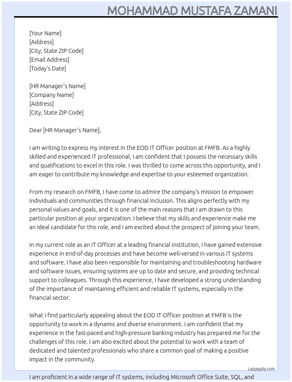 EOD IT Officer At FMFB Cover Letter