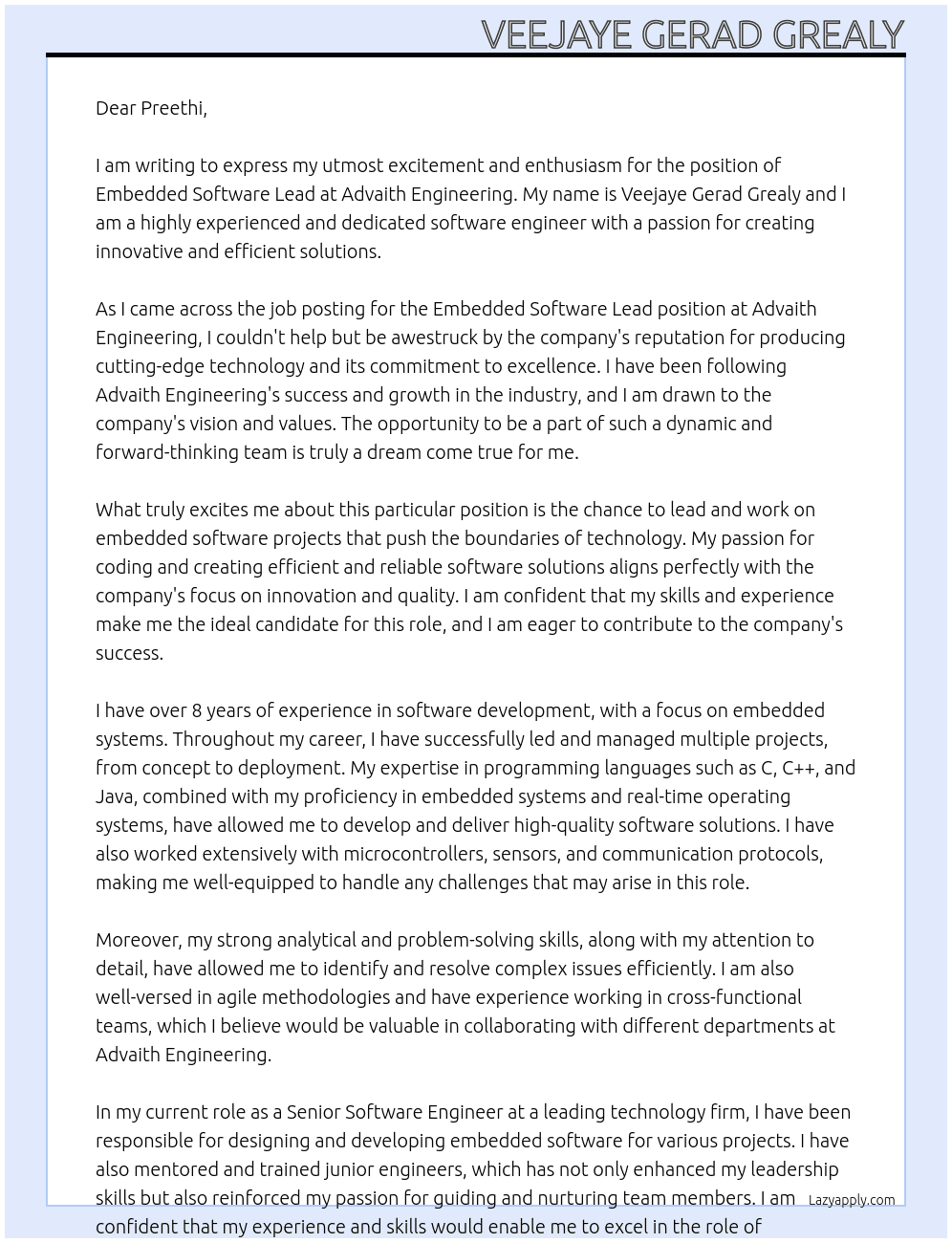 Embedded Software Lead At Advaith Engineering Cover Letter