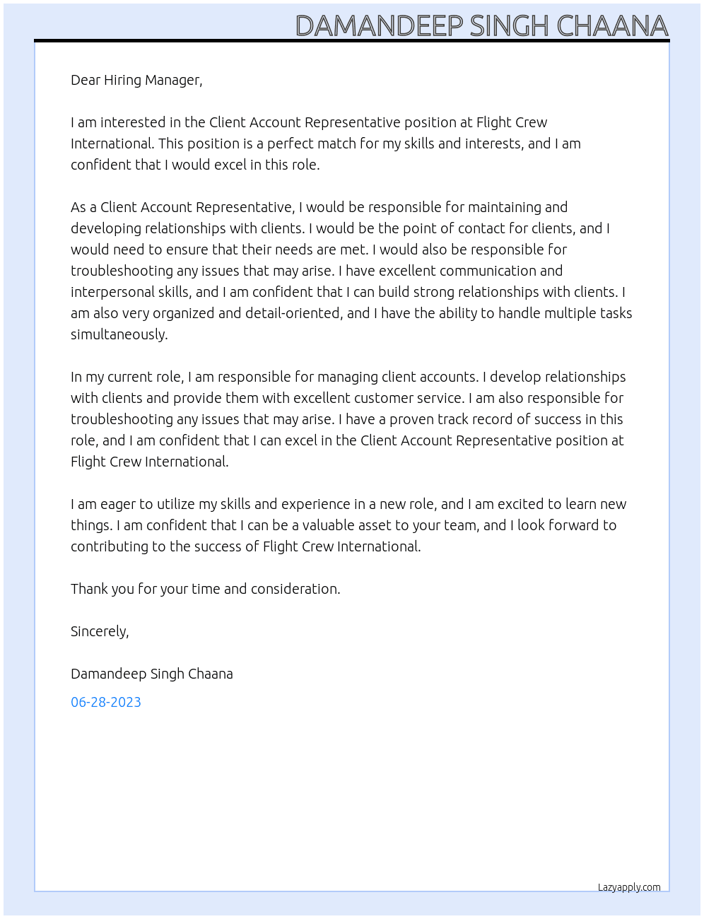 Client Account Representative At Flight Crew International Cover Letter