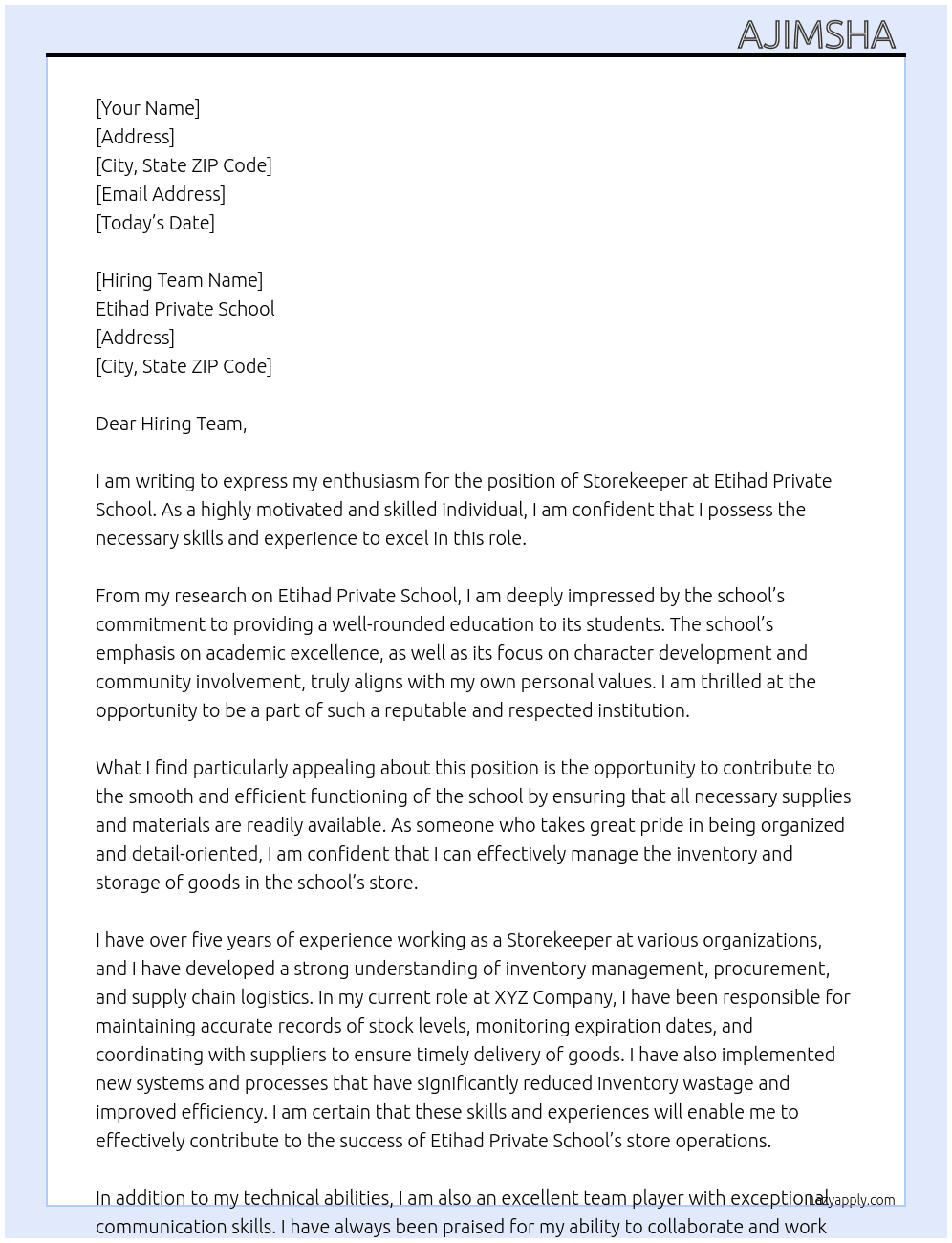 Storekeeper  At Etihad private school Cover Letter