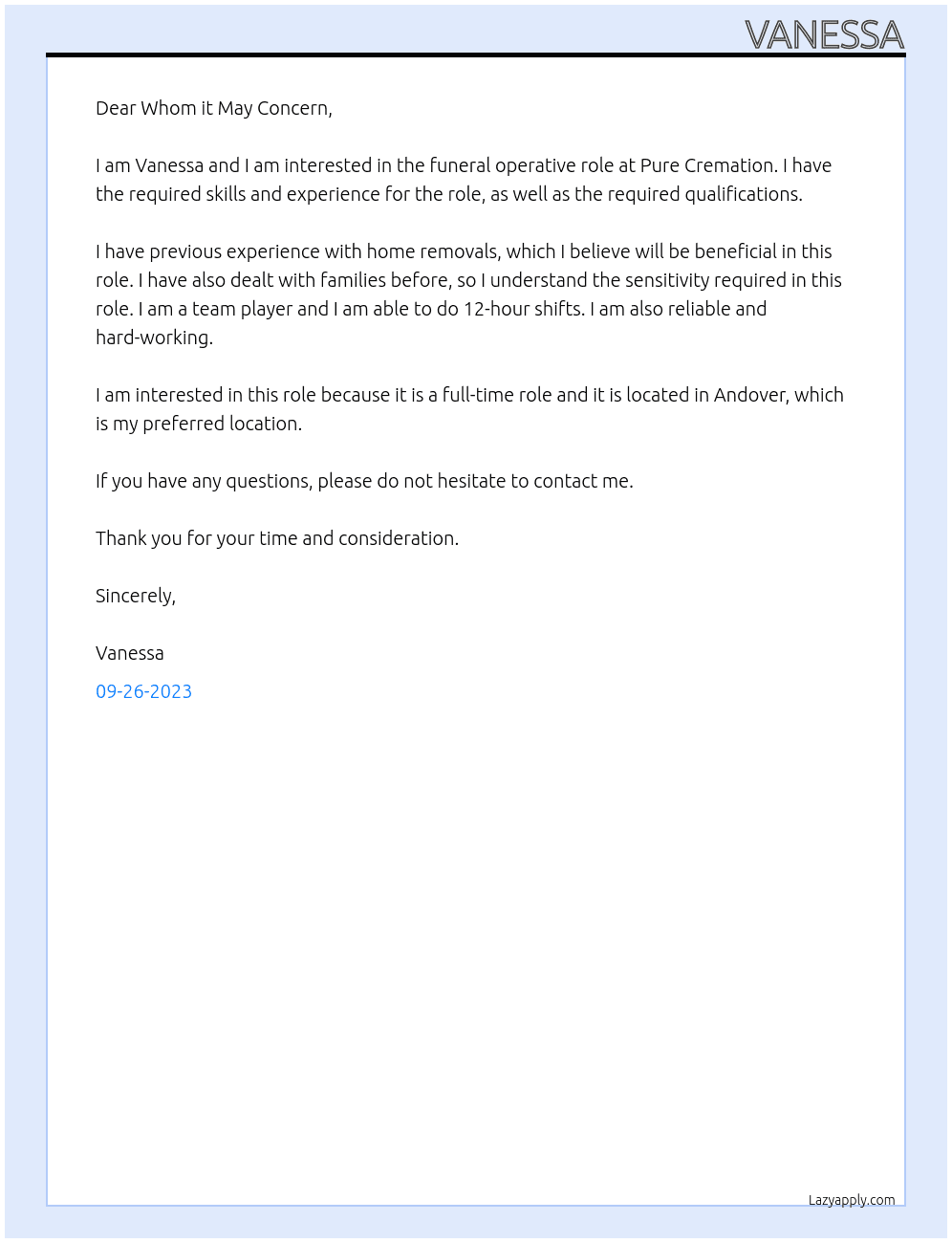 Funeral operative  At Pure cremation  Cover Letter