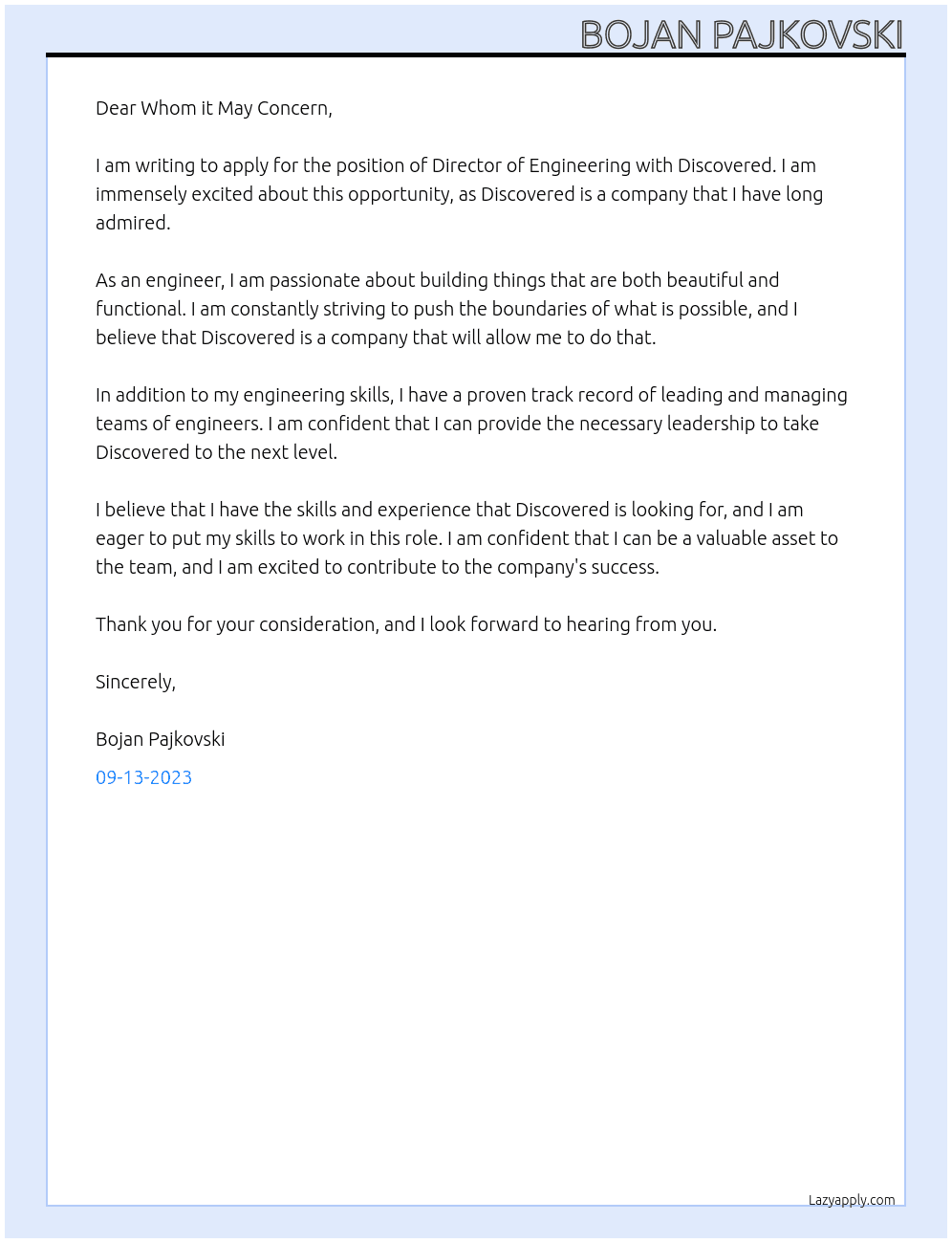 Director of Engineering At Discovered Cover Letter