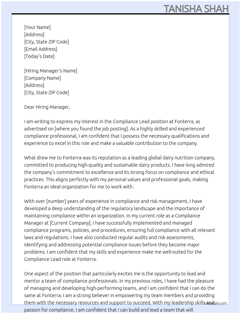 Compliance Lead At Fonterra Cover Letter