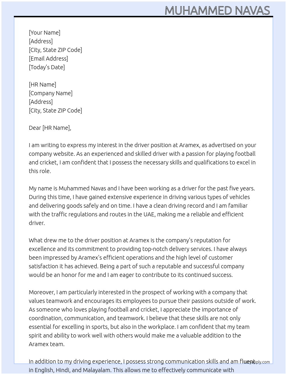 driver At aramex Cover Letter