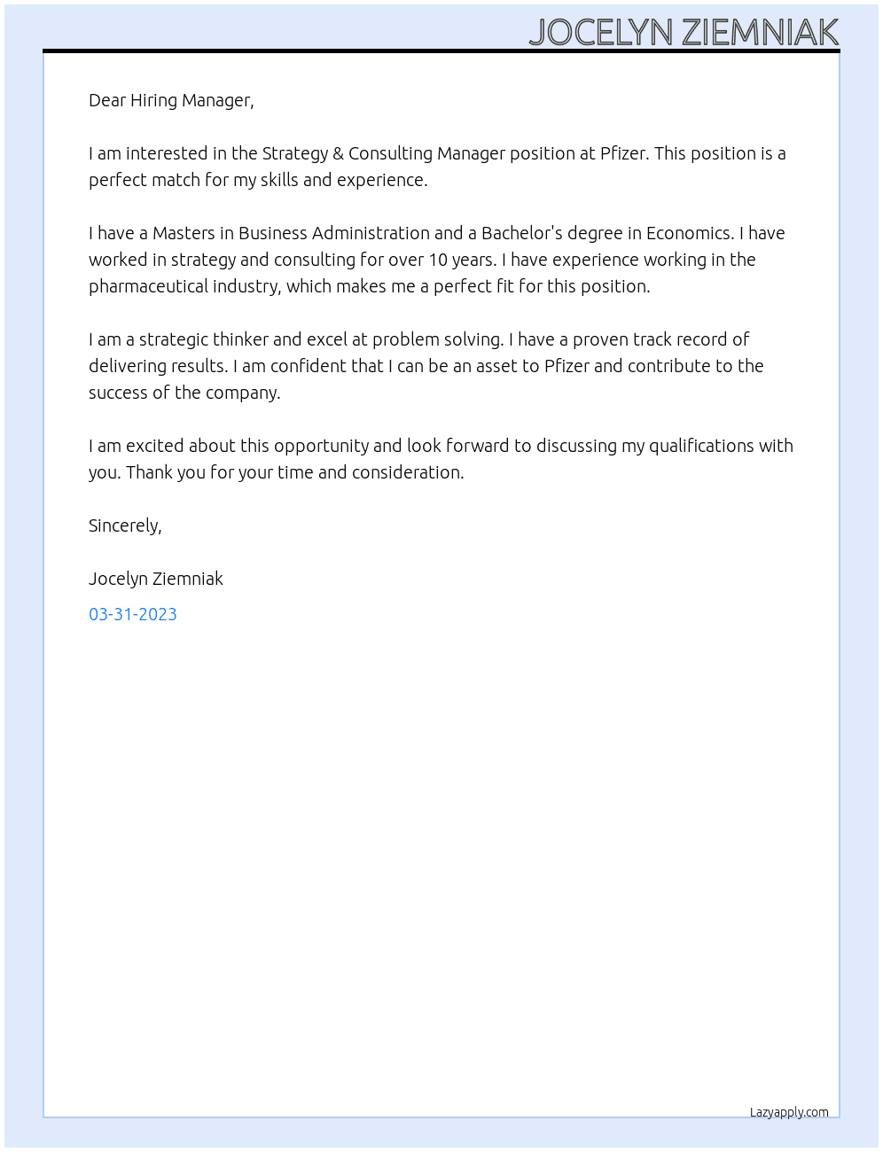 Strategy & Consulting Manager At Pfizer Cover Letter