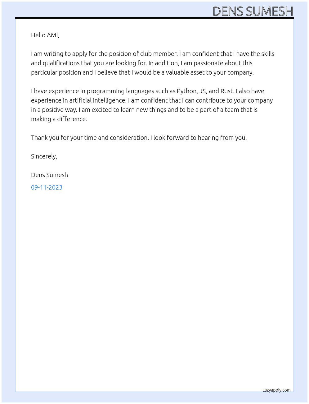 Club member At AMI Cover Letter