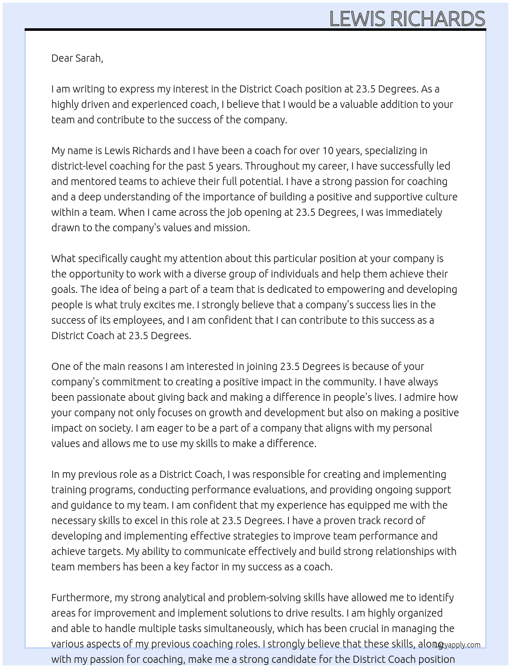 District Coach At 23.5 Degrees Cover Letter