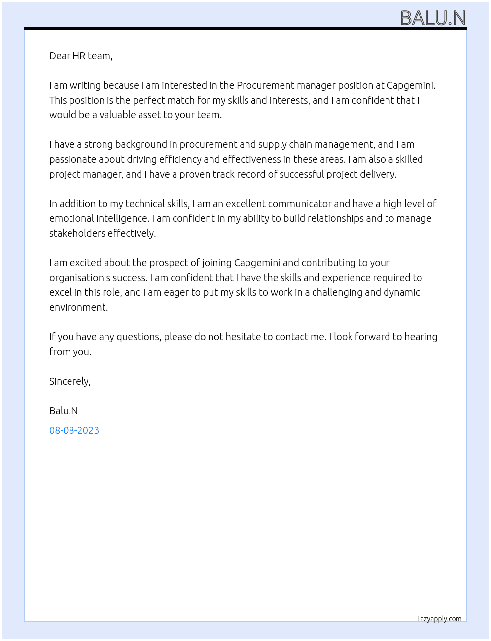Procurement manager  At Capgemini  Cover Letter