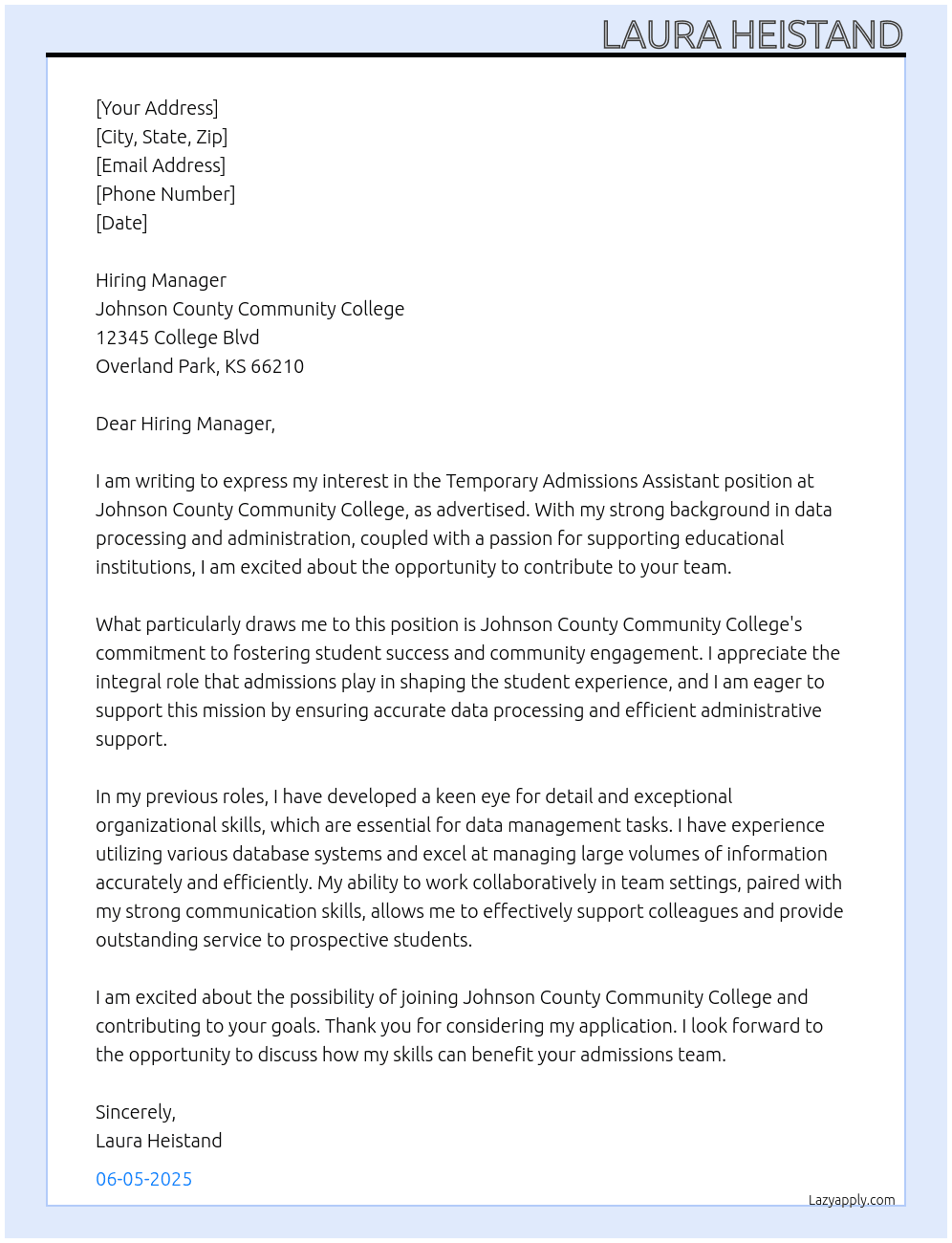 Cover letter for temporary admissions assistant - LazyApply