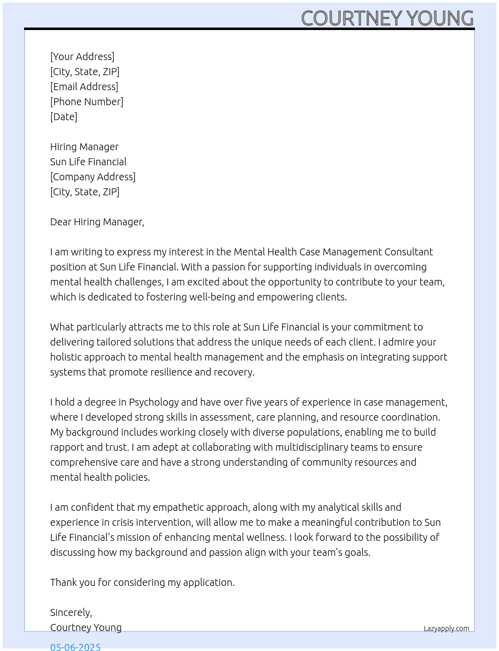 Mental Health Case Management Consultant At Sun Life Financial Cover Letter