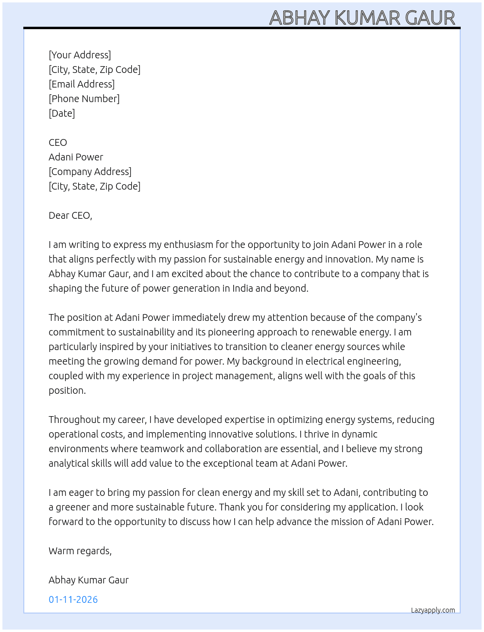 Adani Power  At Adani Power  Cover Letter