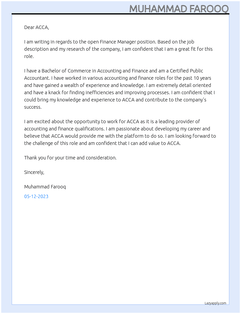 Finance Manager At ACCA Cover Letter
