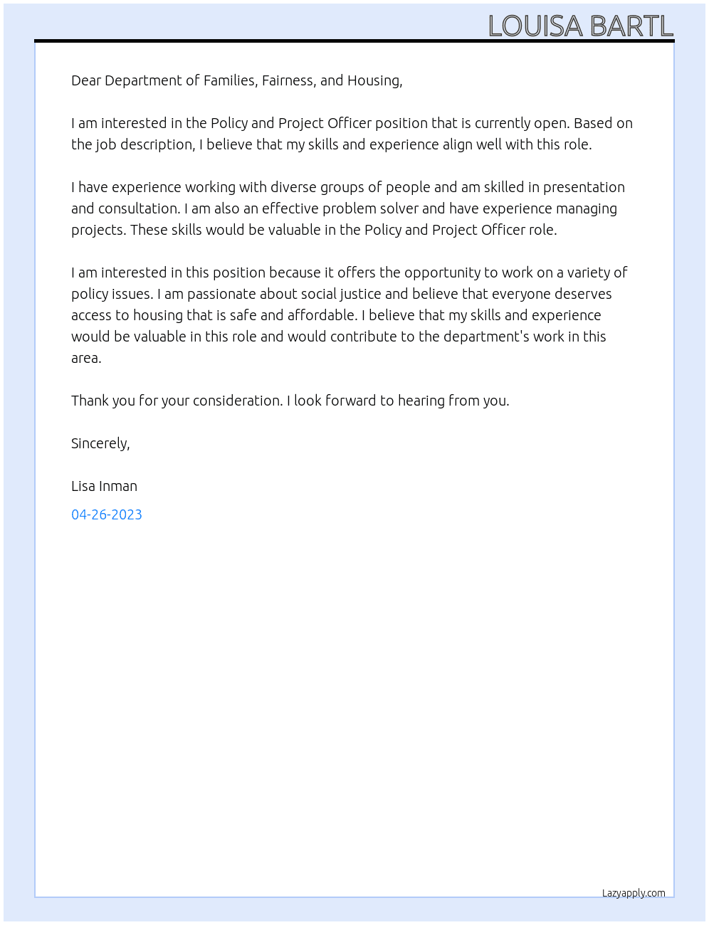 Policy and Project Officer At Department of Families, Fairness, and Housing Cover Letter