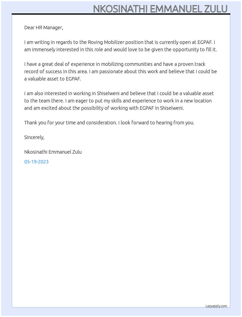 Roving moblizer  At EGPAF  Cover Letter
