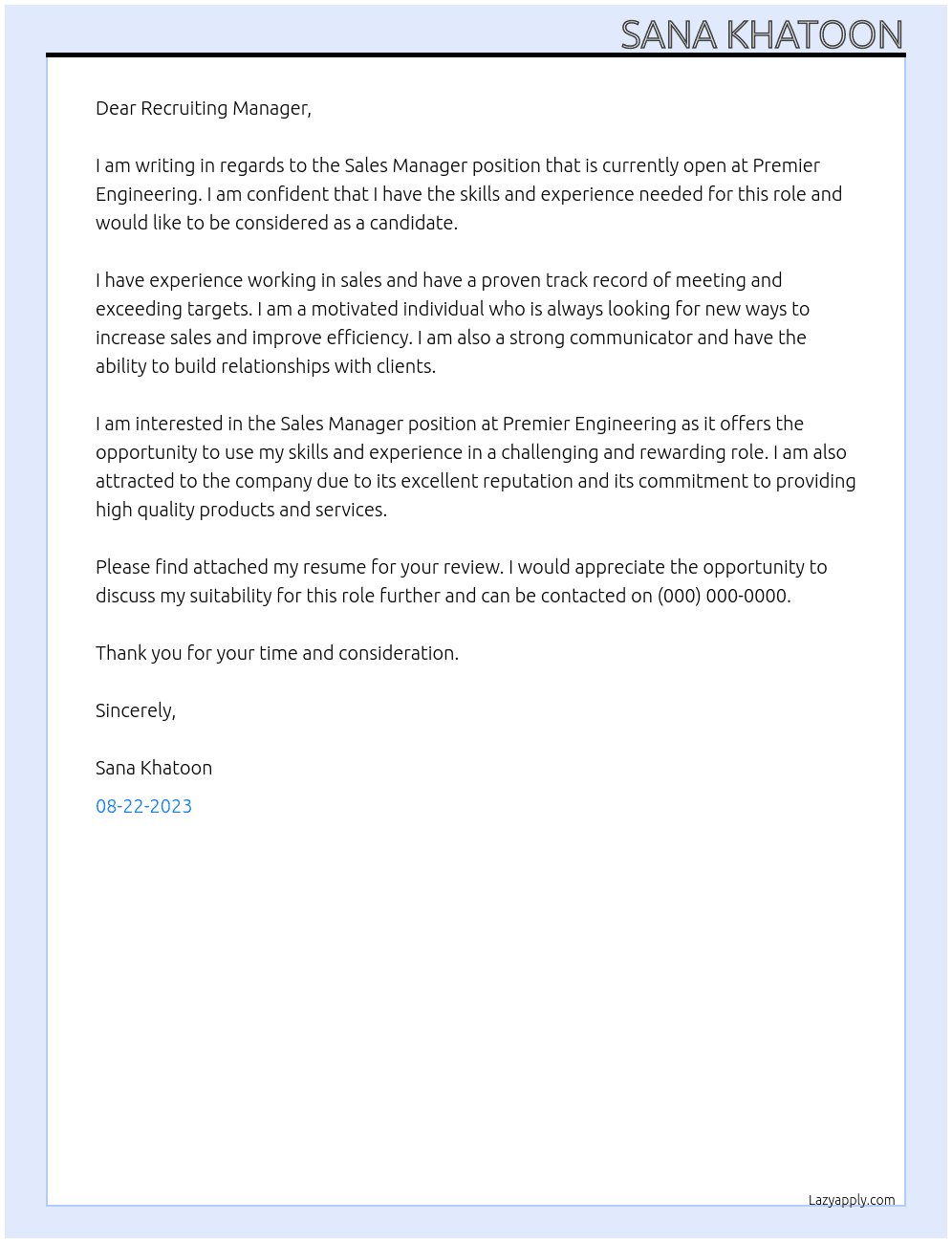Sales Manager At Premier Engineering Cover Letter