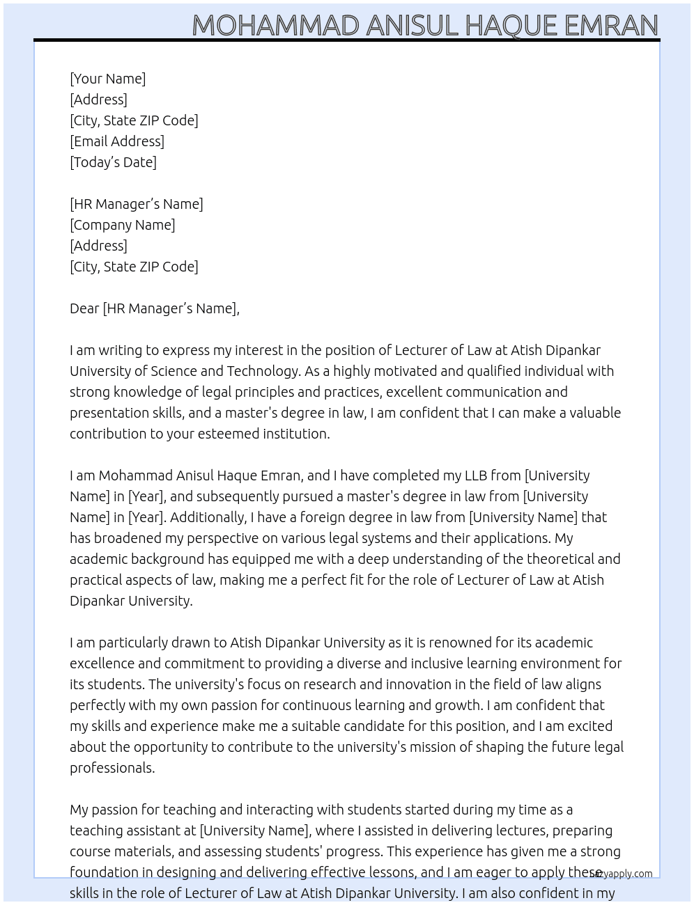 Lecturer of Law At Atish Dipankar University of Science and Technology Cover Letter