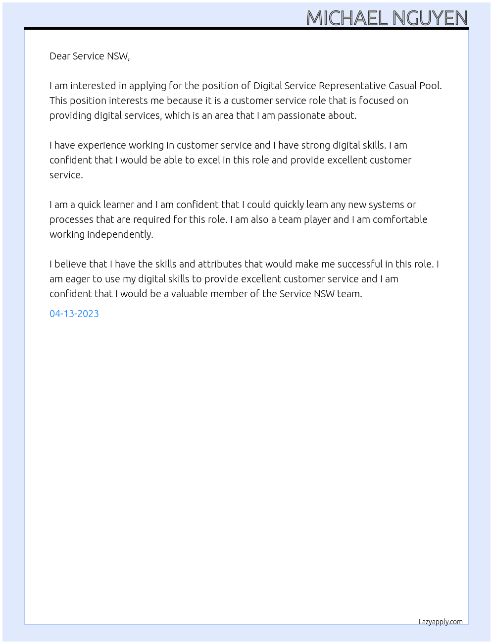 Digital Service Representative Casual Pool At Service NSW  Cover Letter