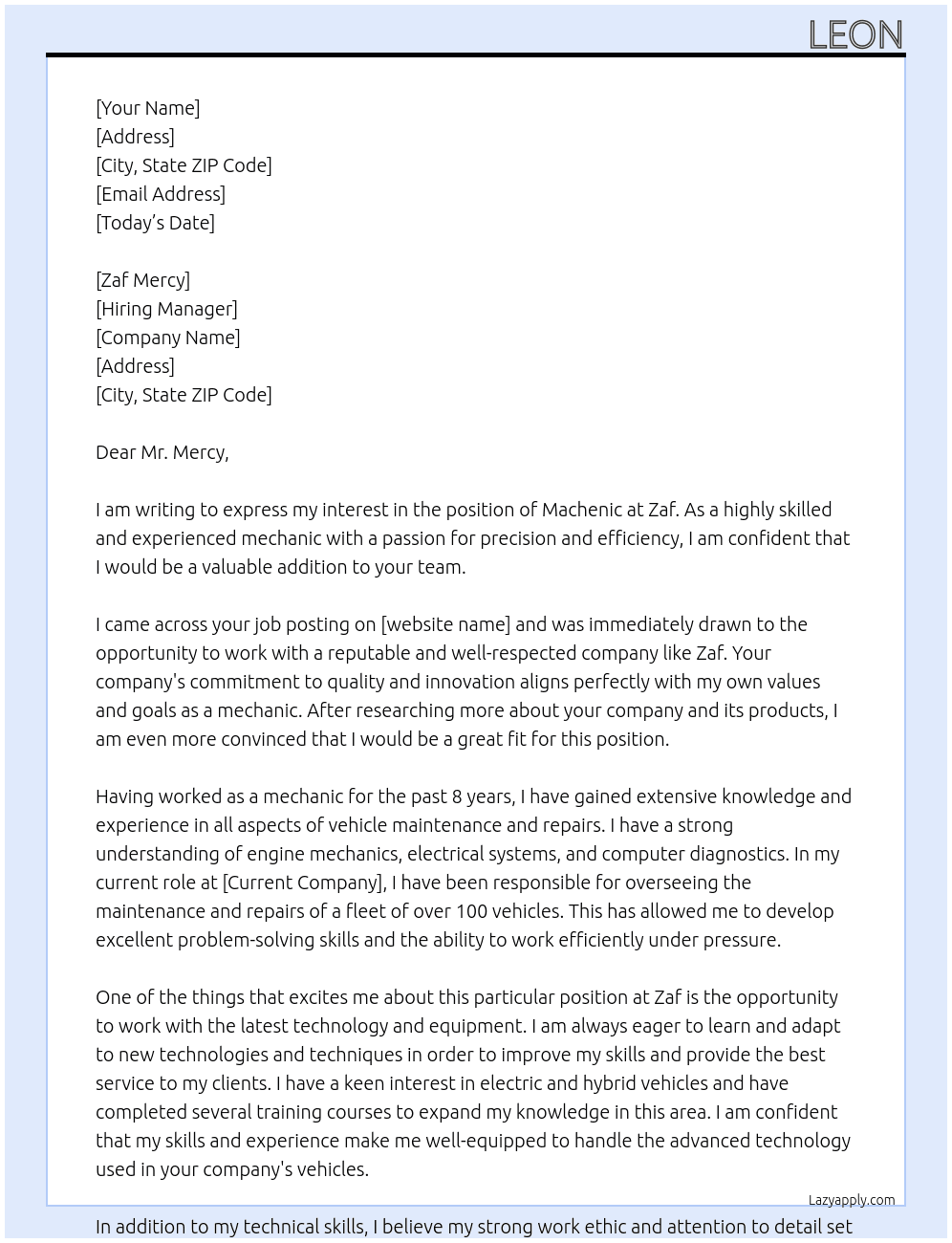 Machenic At Zaf Cover Letter