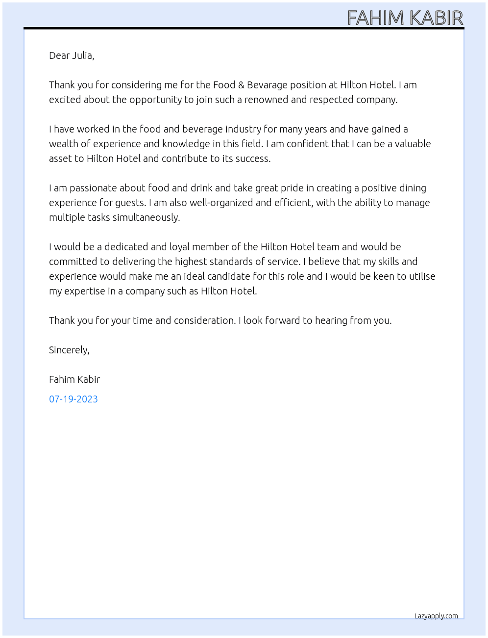 Food & Bevarage  At Hilton Hotel Cover Letter
