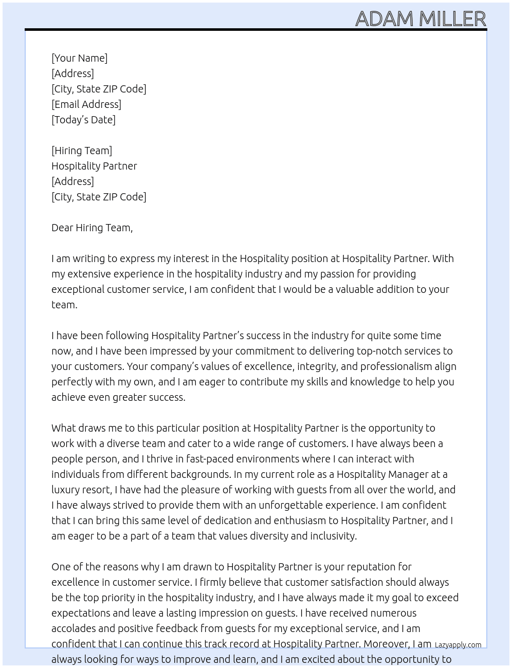 Hospitality  At Hospitality Parnter Cover Letter