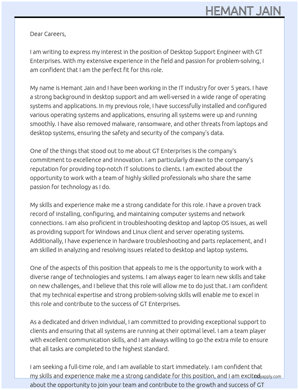 Desktop Support Engineer  At Gt enterprises Cover Letter