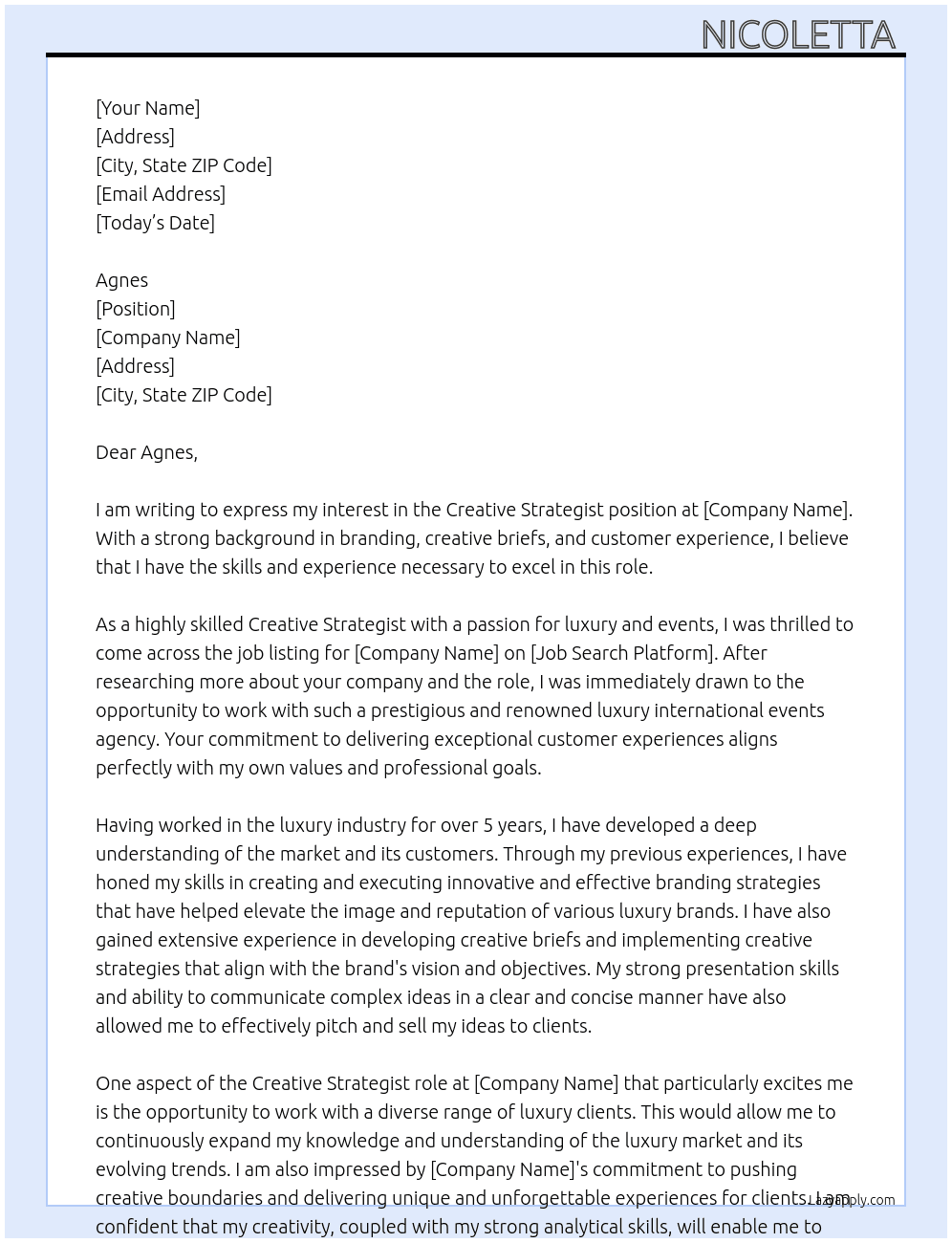Creative Strategist - Luxury International Events Agency At mode search Cover Letter