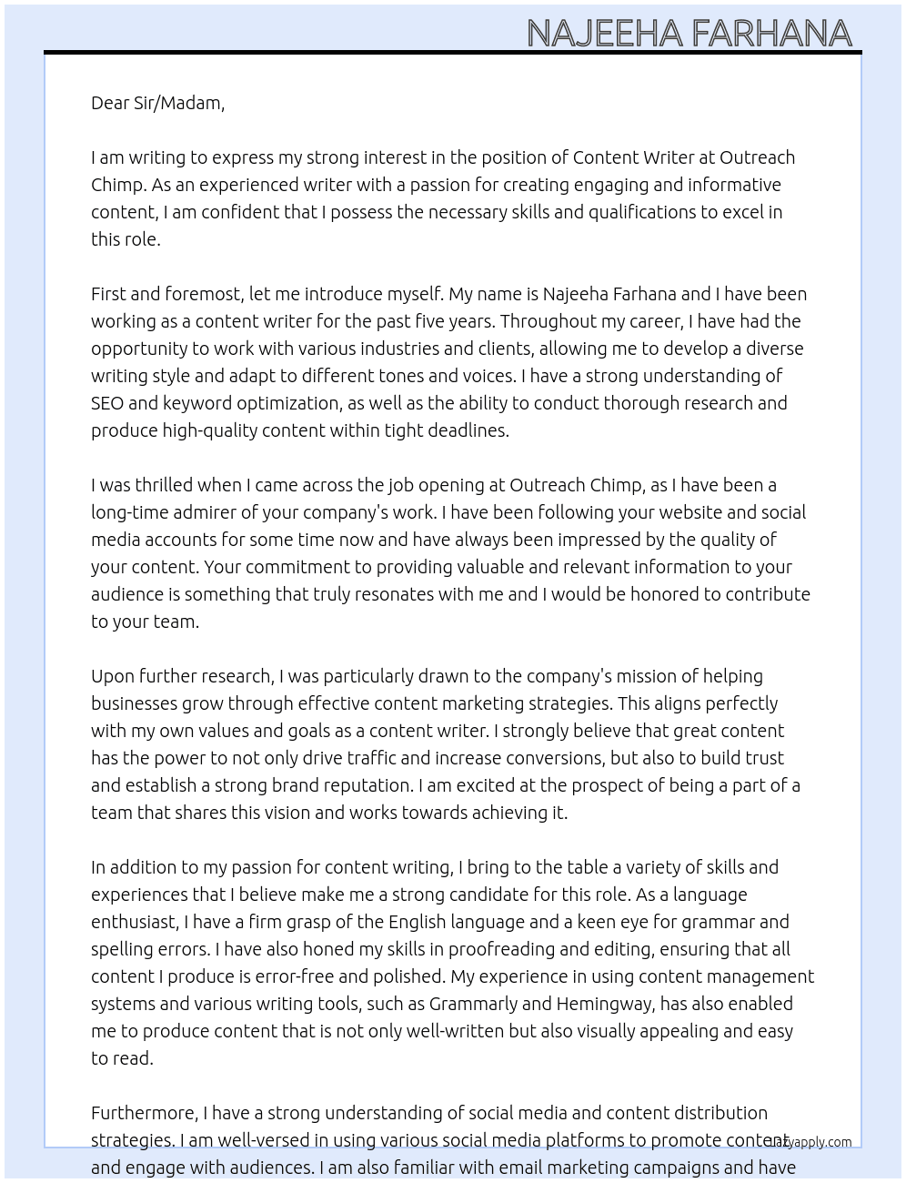Content writer  At Outreach Chimp Cover Letter
