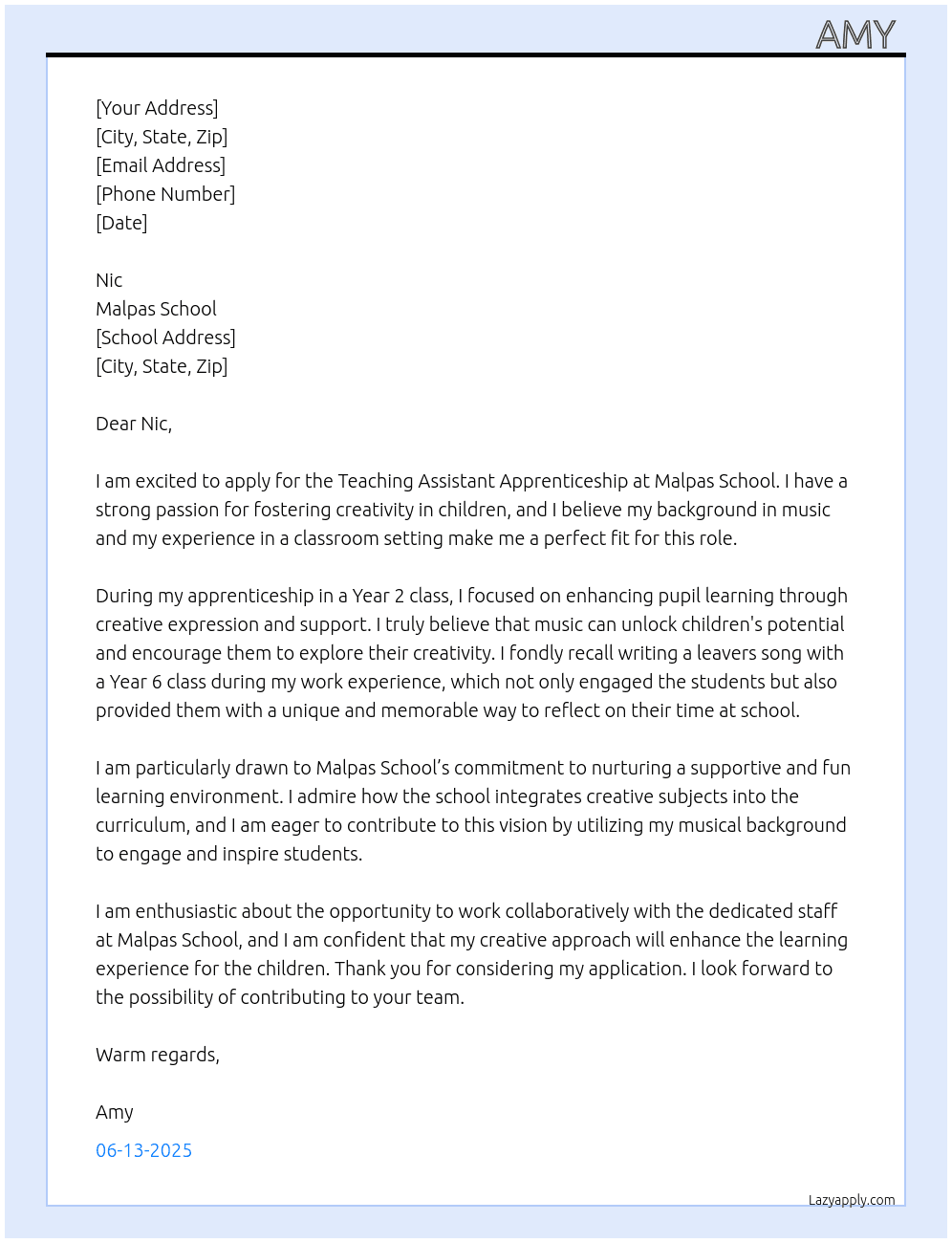 TA At Malpas school  Cover Letter