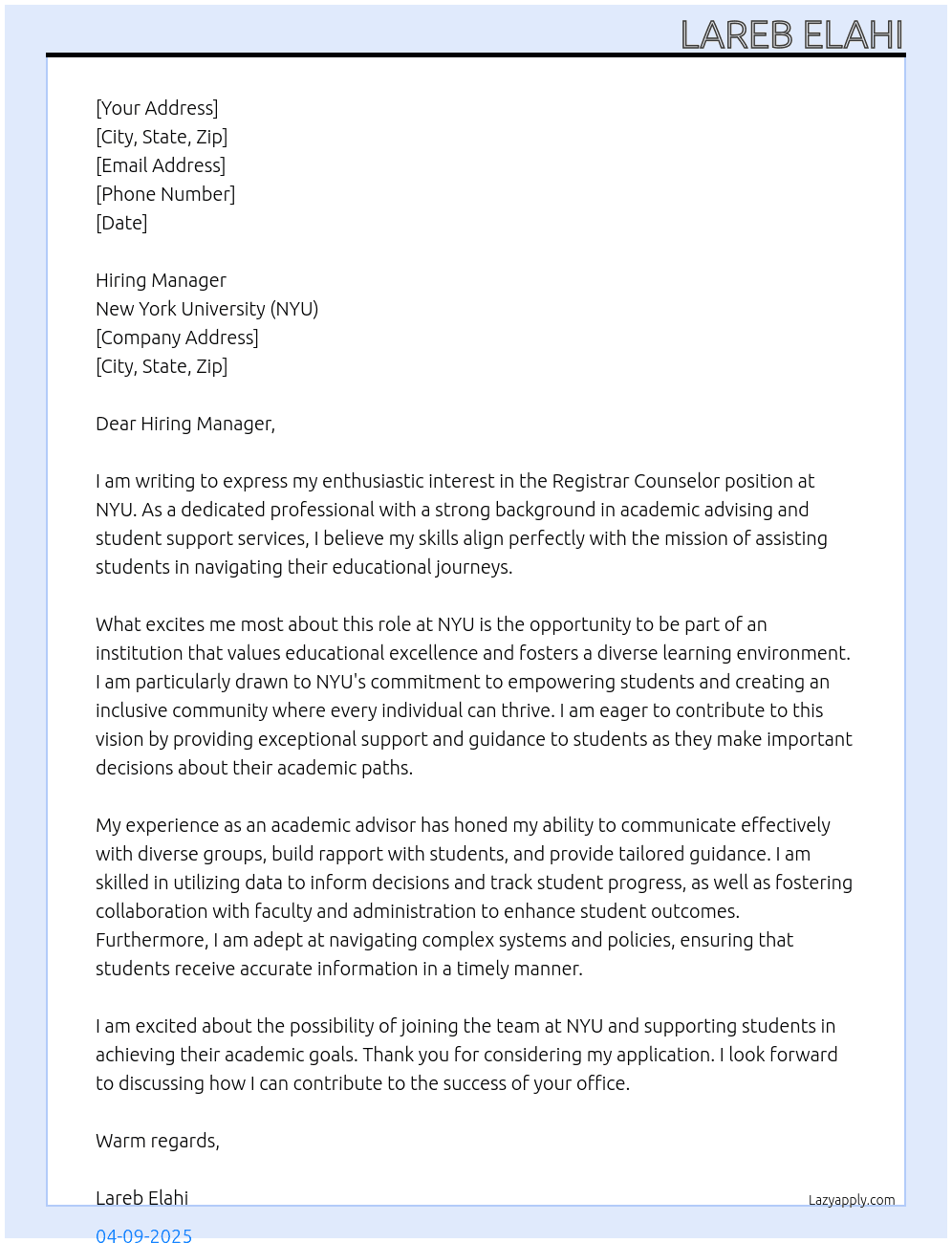 Registrar Counselor At NYU Cover Letter