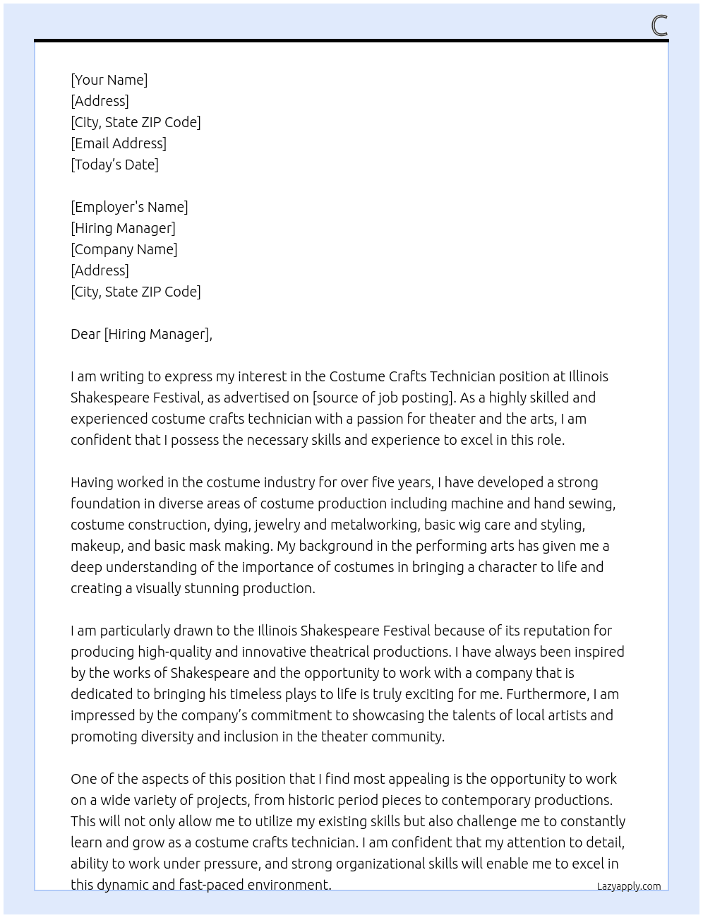 Costume Crafts Tecnician At Illinois Shakespeare Festival Cover Letter