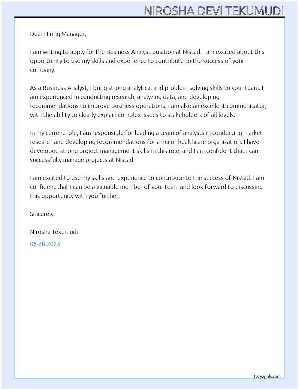 Business Analyst At Nistad Cover Letter