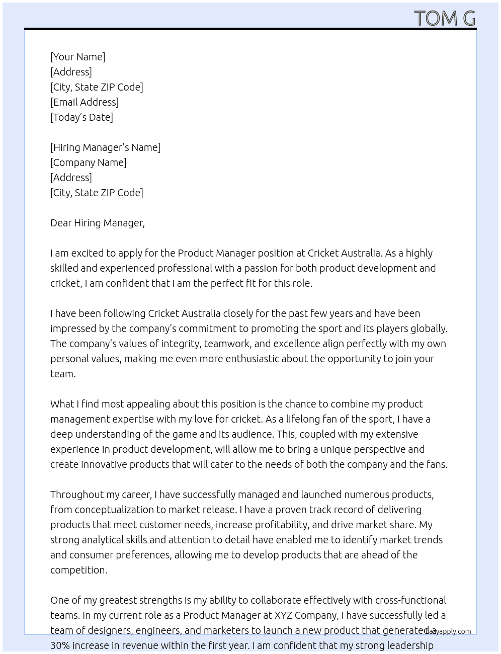 Product Manager At Cricket Australia Cover Letter