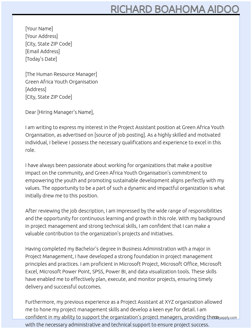 Project Assistant At Green Africa Youth Organisation Cover Letter