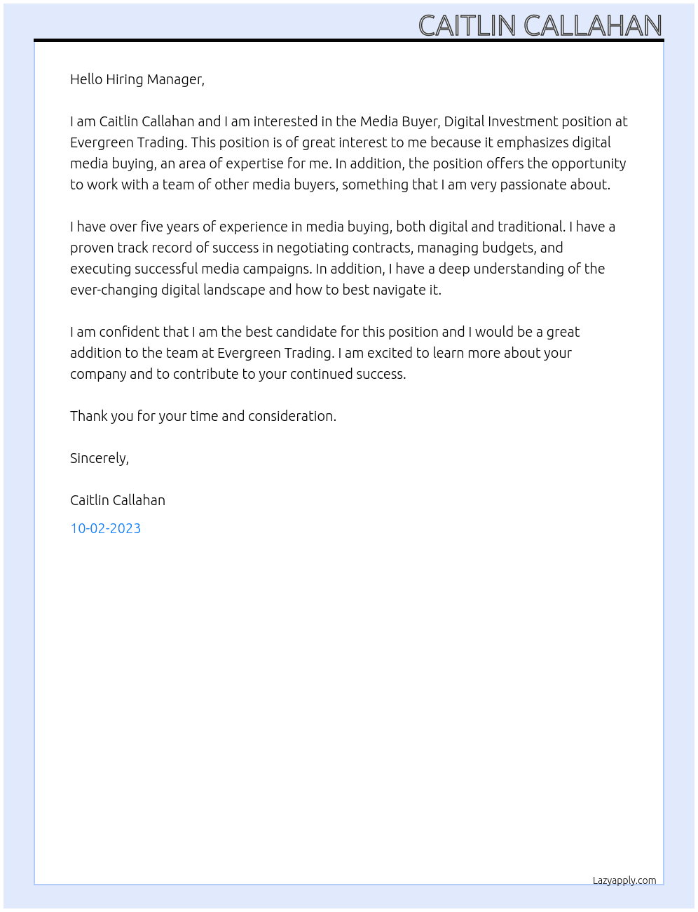 Media Buyer, Digital Investment  At Evergreen Trading Cover Letter