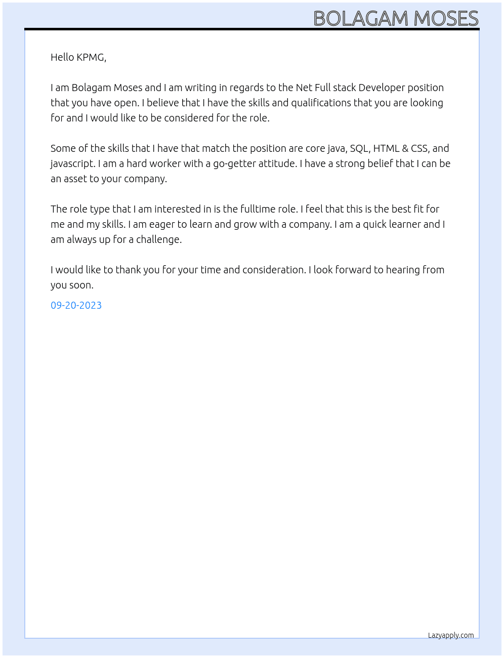 Net Full stack Developer  At KPMG Cover Letter