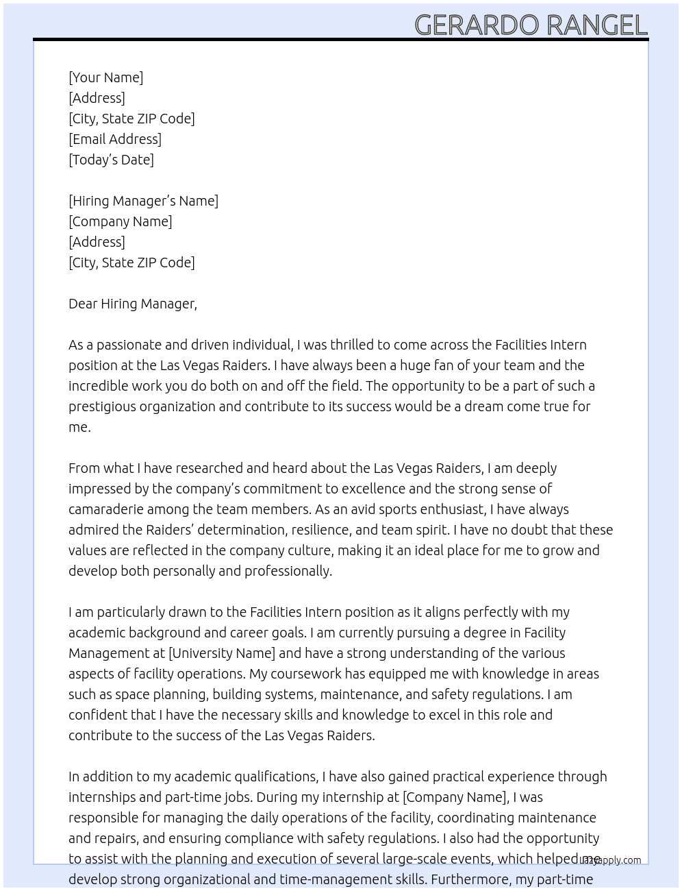 Facilities Intern At Las Vegas Raiders Cover Letter
