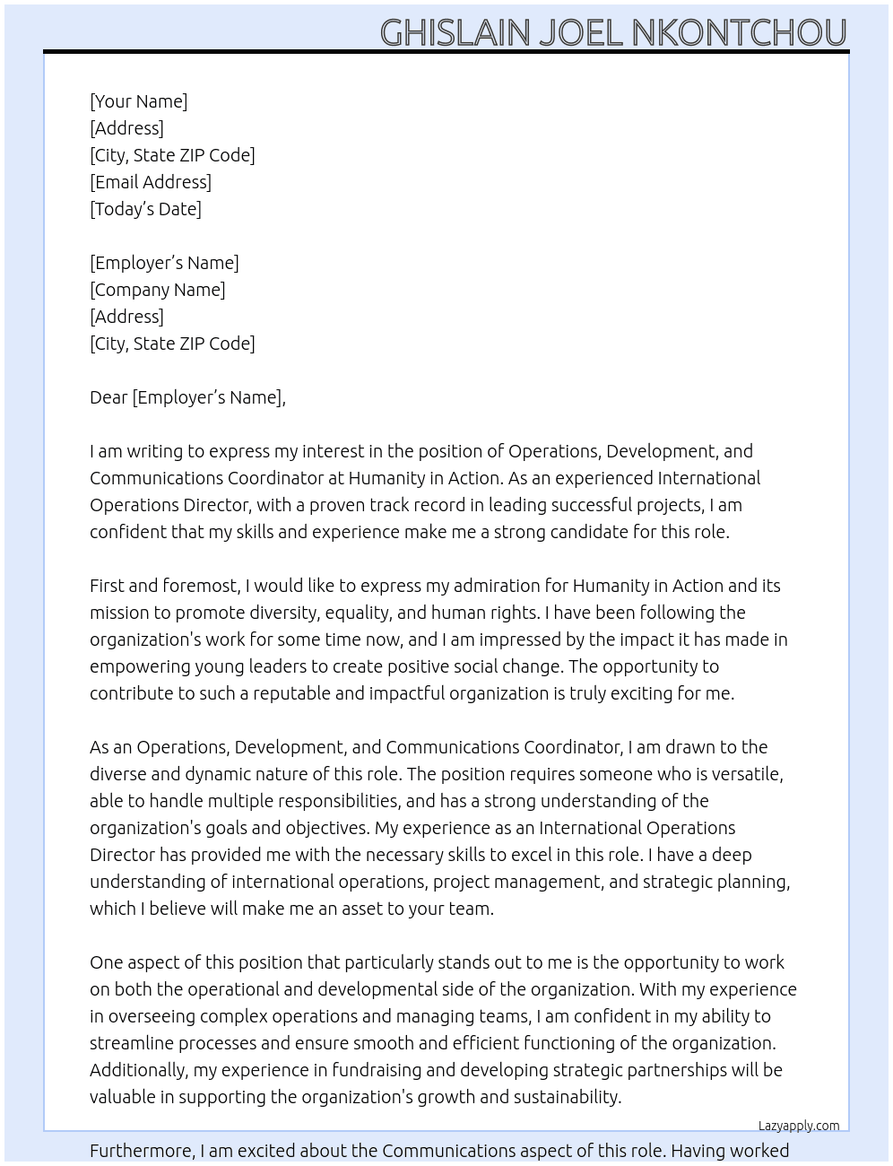Operations, Development, and Communications Coordinator At  Humanity in Action Cover Letter