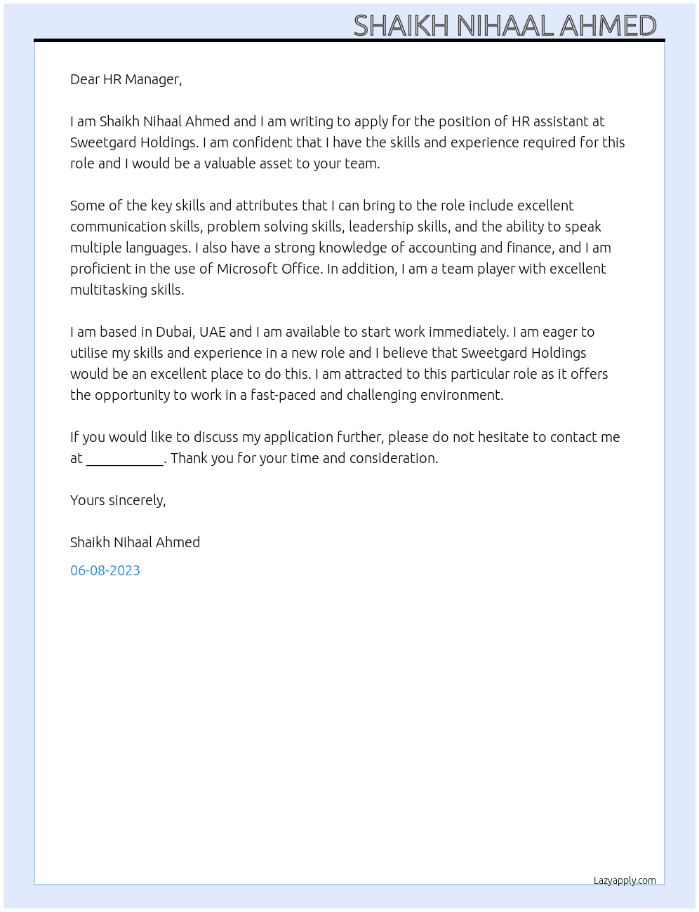HR assistant  At Sweetgard Holdings  Cover Letter