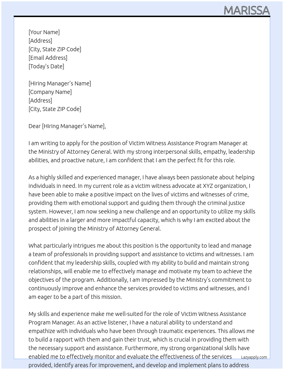 victim witness assistance program manager At ministry of attorney general Cover Letter